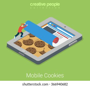 Mobile cookies flat 3d isometry isometric technology concept web vector illustration. Cookie on background of touch screen tablet browser interface window and user. Creative people collection.