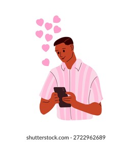 Correspondência móvel com o seu ente querido. Jovem sorridente com camisa listrada rosa olhando para o celular. Amo correspondência. Ilustração vetorial plana para cartão Valentines Day, convite, banner. 