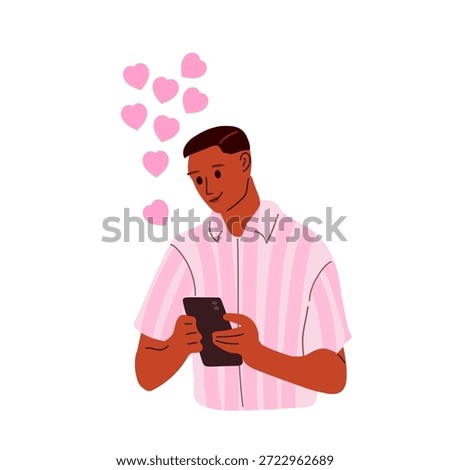 Mobile correspondence with your loved one. Young smiling man in pink striped shirt looking at mobile phone. Love correspondence. Flat vector illustration for Valentines Day card, invitation, banner. 