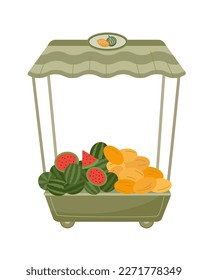 Mobile counter with melon and watermelon on the wheels. Vector color isolated illustration.
