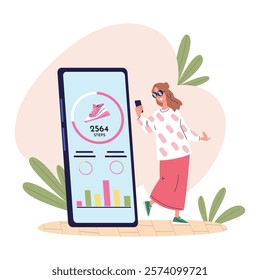 Mobile counting steps. Walking woman watch pedometer in smartphone app, phone step counter fitness monitoring outdoor walk run data tracking sport health care vector illustration original artwork