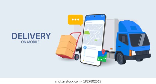 Mobile Courier Or Freight Delivery Service Transportation Vector, Flat Cartoon Truck Automobile With Warehouse Parcel Packages And Cellphone Or Phone City Map Pin Track