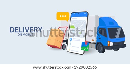 Mobile courier or freight delivery service transportation vector, flat cartoon truck automobile with warehouse parcel packages and cellphone or phone city map pin track