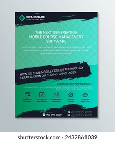 plantilla de folleto de software de gestión de cursos móviles. Diseño de folletos con colores degradados verde y azul. Diseños vectoriales editables para presentación, informes anuales. espacio para collage de fotos