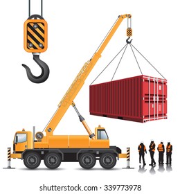 Mobile Crane With Container Isolated On White. Vector Illustration