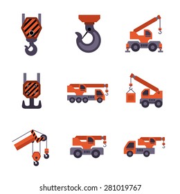 Mobile crane icon or lifting equipment icon using in heavy industry such as construction, trasportation etc. Including with hoist lifting, hook, boom, rope. Both mounted on truck and self-propelled.