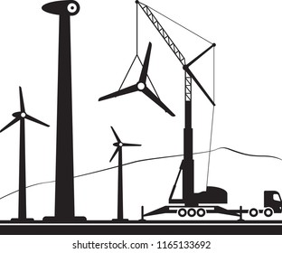 Mobile crane installing wind turbine in the field - vector illustration