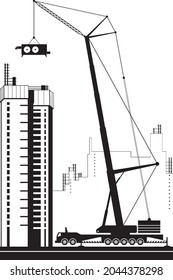 Mobile crane lifting air conditioning unit - vector illustration
