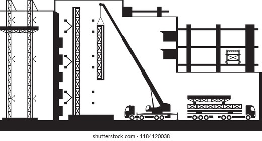 Mobile crane mounting scaffolding on new building - vector illustration