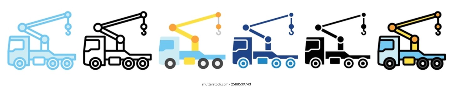 Mobile Crane multi style, mini illustration icon. outline, flat, glyph, line color, UI, UX, app and web, digital or print. related to heavy machinery, industry, road construction theme