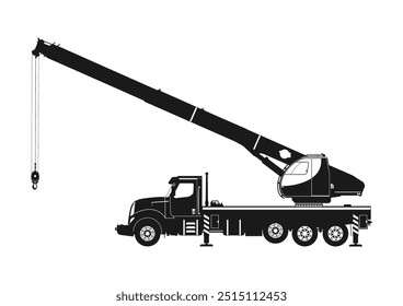 Mobile crane. Silhouette of a truck-mounted crane. Side view. Flat vector.