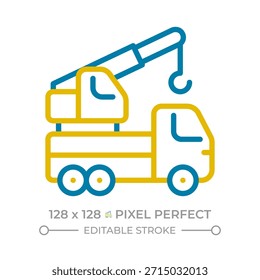 Mobile crane truck pixel perfect two color line icon. Heavy transportation. Construction vehicles bicolor outline symbol. Duotone linear pictogram. Isolated illustration. Editable stroke