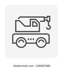 Mobile crane vector icon. Large industrial machine equipment or vehicle with hoist, hook, rope and hydraulic telescopic boom for erection and lifting heavy load in building construction site. 64x64 px
