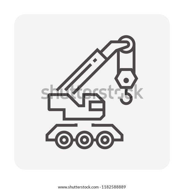 Mobile crane vector icon. Large industrial machine\
equipment or vehicle with hoist, hook, rope and hydraulic\
telescopic boom for erection and lifting heavy load in building\
construction site. 64x64\
px