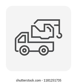 Mobile crane vector icon. Truck mounted. Industrial machine equipment or vehicle with hoist, hook, rope and hydraulic telescopic boom for lifting heavy load in building construction site. 64x64 px.