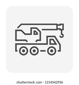 Mobile crane vector icon. Truck mounted. Industrial machine equipment or vehicle with hoist, hook, rope and hydraulic telescopic boom for lifting heavy load in building construction site. 64x64 px.