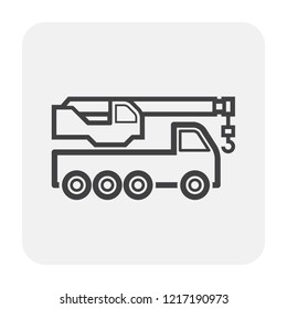 Mobile crane vector icon. Truck mounted. Industrial machine equipment or vehicle with hoist, hook, rope and hydraulic telescopic boom for service and lifting heavy load in building construction site.