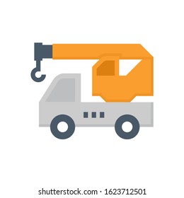 Mobile crane vector icon. Truck mounted. Industrial machine equipment or vehicle with hoist, hook, rope and hydraulic telescopic boom for service and lifting heavy load in building construction site.