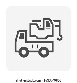 Mobile crane vector icon. Truck mounted. Industrial machine equipment or vehicle with hoist, hook, rope and hydraulic telescopic boom for service and lifting heavy load in building construction site.