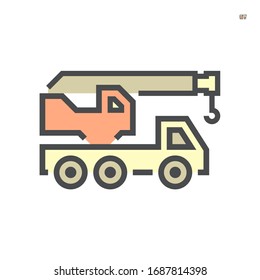 Mobile crane vector icon. Truck mounted. Industrial machine equipment or vehicle with hoist, hook, rope and hydraulic telescopic boom for lifting heavy load in building construction site. 64x64 px.