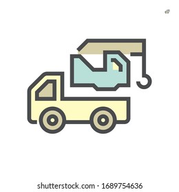 Mobile crane vector icon. Truck mounted. Industrial machine equipment or vehicle with hoist, hook, rope and hydraulic telescopic boom for lifting heavy load in building construction site. 64x64 px.