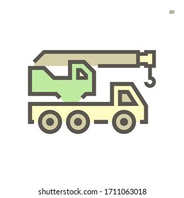 Mobile crane vector icon. Truck mounted. Industrial machine equipment or vehicle with hoist, hook, rope and hydraulic telescopic boom for lifting heavy load in building construction site. 64x64 px.