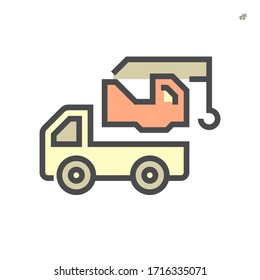 Mobile crane vector icon. Truck mounted. Industrial machine equipment or vehicle with hoist, hook, rope and hydraulic telescopic boom for lifting heavy load in building construction site. 64x64 px.
