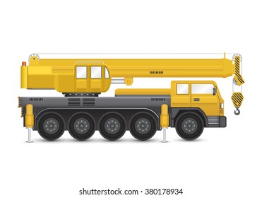 Mobile crane vector isolated is a lifting equipment use in heavy industry such as construction, transportation, erection etc. Included hoist lifting, hook, rope, telescoping boom with hydraulic power.