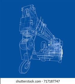 Mobile crane. Vector rendering of 3d. Wire-frame style. The layers of visible and invisible lines are separated