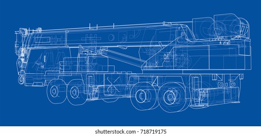 Mobile crane. Vector rendering of 3d. Wire-frame style. The layers of visible and invisible lines are separated