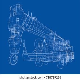 Mobile crane. Vector rendering of 3d. Wire-frame style. The layers of visible and invisible lines are separated