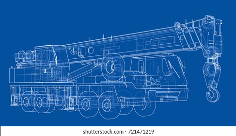 Mobile crane. Vector rendering of 3d. Wire-frame style. The layers of visible and invisible lines are separated