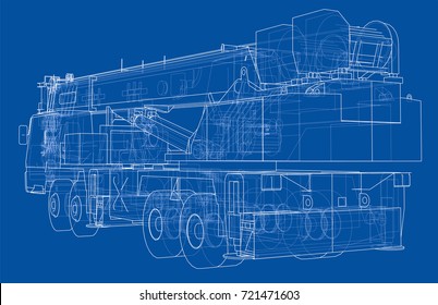 Mobile crane. Vector rendering of 3d. Wire-frame style. The layers of visible and invisible lines are separated