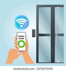 Mobile Credential and RFID Mobile Access Control Solution. Present smartphone over card reader, Close-up of human hands opening door with mobile app on smartphone. Vector.