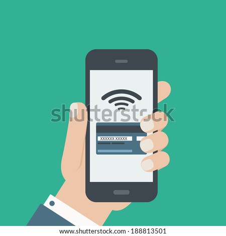 mobile credit card payment hand holding phone flat design