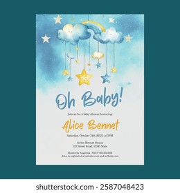 Mobile Crib Rainbow Clouds Stars Baby Shower Invitation