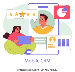 Mobile CRM concept. Engaging illustration of users interacting with customer relationship management on mobile. Client feedback, analytics, user experience. Vector illustration.