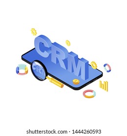 Mobile CRM system app isometric vector illustration. Customer relationship management smartphone application, software. Sales statistics, client data on phone 3d concept isolated on white background