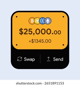 Mobile crypto wallet UI widget. Banking fintech interface. Financial wallet. Digital money balance screen. Multi-currency finance dashboard. Euro, Dollar, Pound account. Vector Illustration