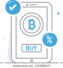 App de comercio de criptomonedas móvil en una pantalla de teléfono inteligente que muestra el ícono azul de bitcoin y la confirmación de compra con una marca de verificación en Ilustración vectorial plana isométrica.