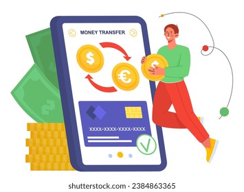 Concepto de cambio de moneda móvil. Hombre con moneda de oro cerca del smartphone. Transferencias y transacciones en línea. Ewallet y aplicación bancaria. Dibujo vectorial plano de dibujos animados aislado en fondo blanco