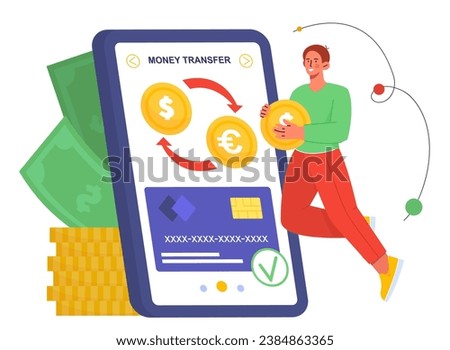 Mobile currency exchange concept. Man with golden coin near smartphone. Online transfers and transactions. Ewallet and banking app. Cartoon flat vector illustration isolated on white background