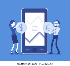 Mobile currency exchange, dollar and euro pair. Man, woman at giant phone screen with coins, apps for mobile devices. Economics and business finance concept. Vector illustration, faceless characters