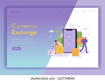 Mobile Currency Exchange Landing Page Template. Online Banking Concept with Characters, Smartphone and Money for Web Page and Mobile Website. Vector illustration