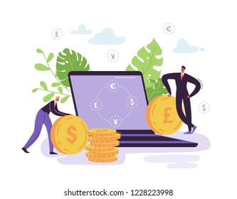 Mobile Currency Exchange Service. Online Banking Concept with Characters and Money. Businessman Changes Currency Using Laptop. Vector illustration