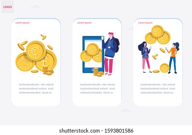 Mobile currency exchange service. Template for mobile app page, Online banking. Vector illustration for web banner, infographics, mobile, Business people changes currency using smartphone. 