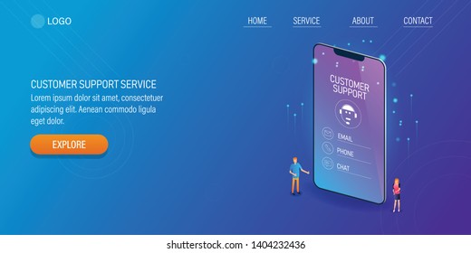 Mobile customer support system, Customer support app, Chat bot technology, 3D, isometric vector conceptual illustration