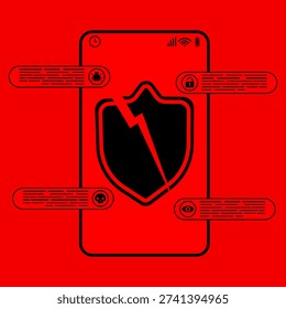 Mobile cyber crime concept showing cracked shield on smartphone with malware alerts. Representing digital vulnerability, hacker attack, data threats, and online protection failure.