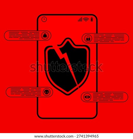Mobile cyber crime concept showing cracked shield on smartphone with malware alerts. Representing digital vulnerability, hacker attack, data threats, and online protection failure.