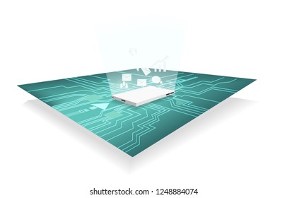 mobile cyber digital data technology, abstract network and work flow data concept, phone and mobile go to the future global tech flow system, vector art and illustration.blue information background.